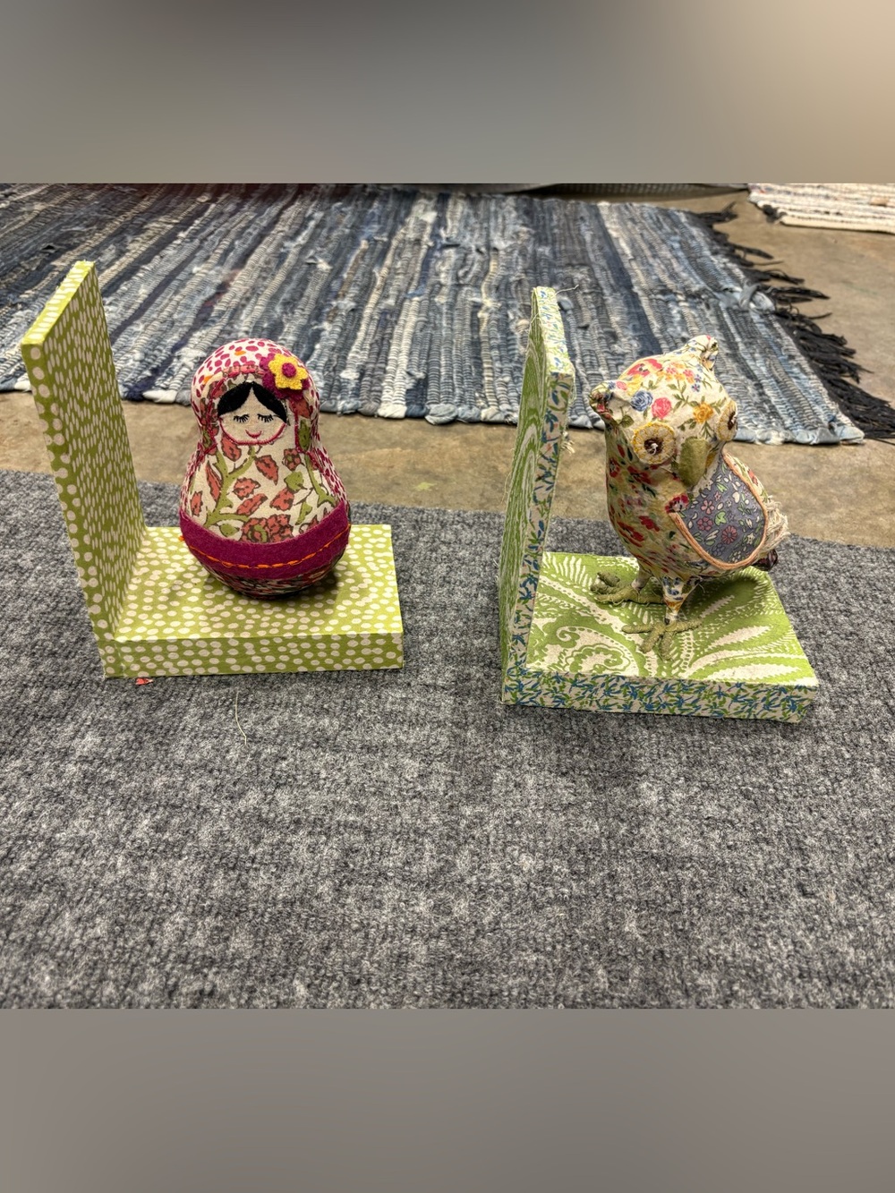 Floral Fabric Owl & Doll Bookends Unique